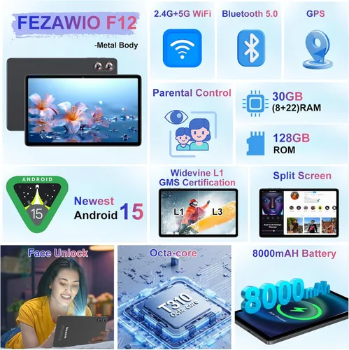 Vista 6 de Tableta Android 15 de 10.1 pulgadas 30GB+128GB+1TB ampliable, 2025 Octa-Core 8000mAh con teclado y ratón, Inteligencia Artificial Gemini, 5G WiFi