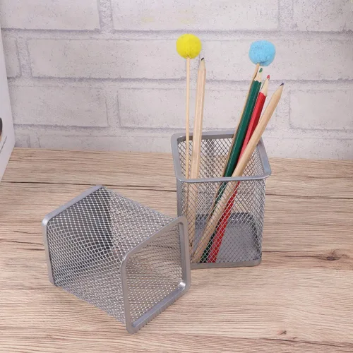 Vista 6 de NUOLUX 2pcs Metal Mesh Square Pencil Holder Pen Pot Desk Tidy Organizer (Plata)