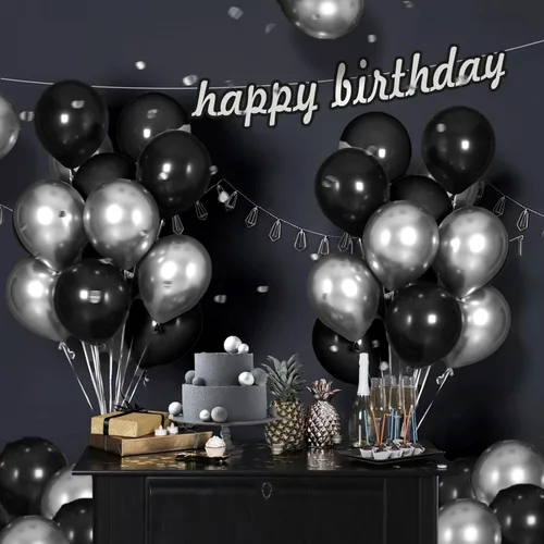 Vista 6 de Globos negros y plateados, 65 globos de látex metálicos cromados plateados y negros de 12 pulgadas para decoración de cumpleaños, graduación