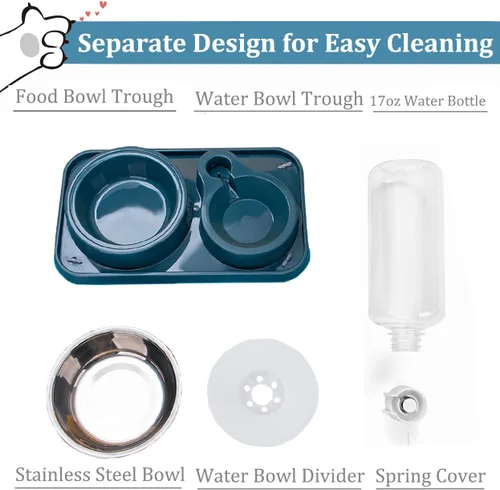 Vista 5 de Juego de cuencos antideslizantes para comida y agua para cachorros y gatos con dispensador de agua y tazón de acero inoxidable desmontable por Azul