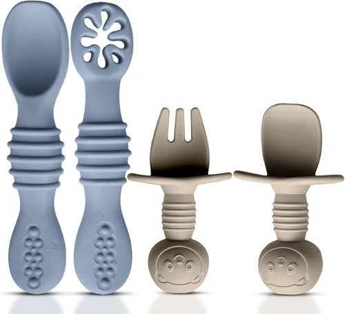 Vista 10 de HippoBaby Juego de 4 cucharas de silicona para bebé autoalimentación Utensilios para bebé 6-12 meses - 3 cucharas para bebé - 1 tenedor para bebé
