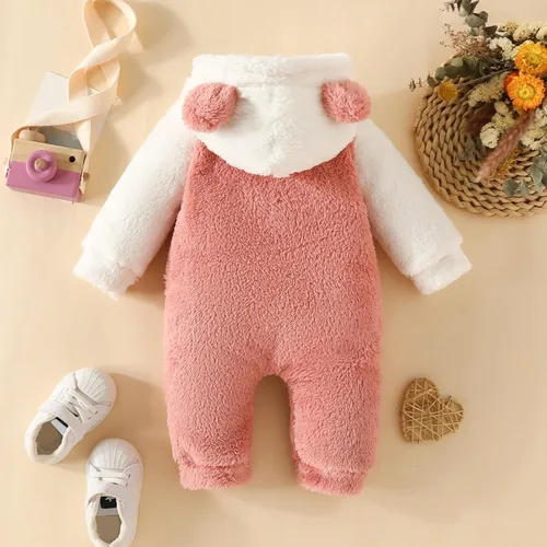 Vista 3 de iQKA Toddler Newborn Baby Boys Girls Bodysuits Coral Velvet Heart Print Fashion Cute Ears Hooded Soft Winter Warm