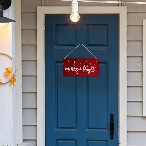 Vista 4 de PHAMTE Letreros de Navidad con texto en inglés «Merry And Bright», de madera de bienvenida, de madera, rústico, festivo, de 12 x 6 pulgadas