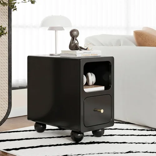 Vista 5 de Mesita de noche de madera maciza, mesita de noche estrecha con cajones, mesita de noche moderna negra de mediados de siglo, mesita de noche pequeña
