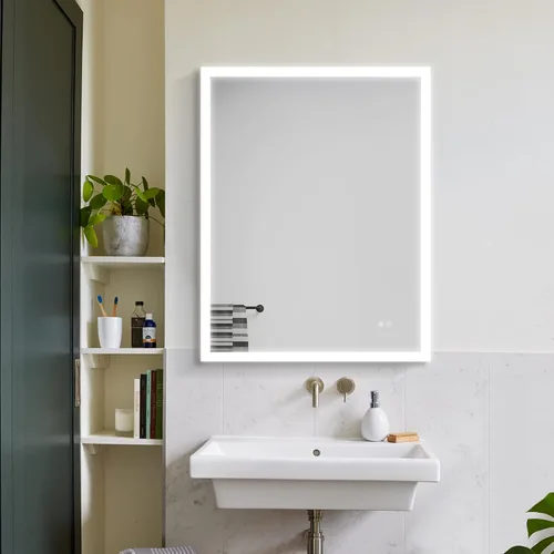 Vista 5 de Espejo de baño LED de 28 x 36 pulgadas, espejo de tocador de baño con luces, retroiluminado e iluminado frontal para baño, espejo iluminado