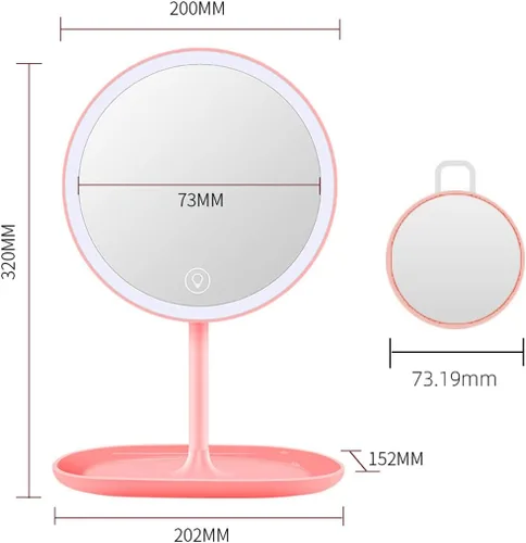 Vista 2 de Espejo LED de maquillaje de viaje con luces, con un mini espejo compacto portátil de tamaño de bolsillo con aumento 5X, base redonda, rosa