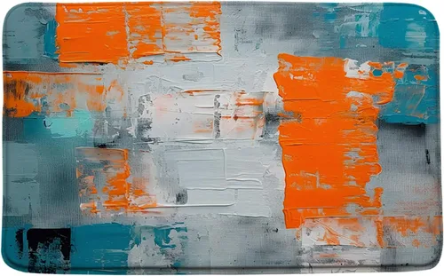 Vista 5 de Tapete de baño azul, gris y naranja, azul quemado, naranja y gris, pintura abstracta de pinceladas, arte moderno, decoración de baño, tapete