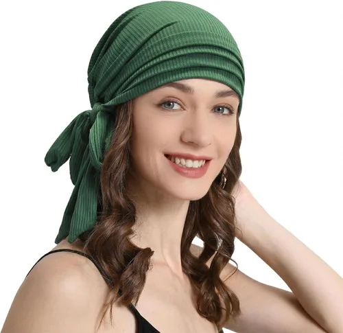 Vista 2 de ZLYC Gorro de quimioterapia para mujer, bufanda suave para la cabeza, gorro elástico Verde sólido