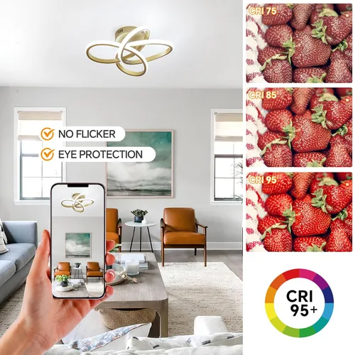 Vista 7 de Lámpara de techo moderna, lámpara de techo regulable LED de 36 W con control remoto, cambio de temperatura de color, pequeña lámpara de araña dorada