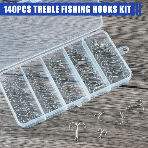 Vista 6 de Fishing Treble Hooks Assortment, Sharp Brabed Triple Fishing Hooks Set High Carbon Steel Round Bend for Trout Catfish Lures Freshwater Saltwater