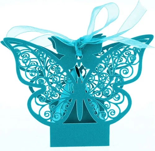 Vista 3 de 50 cajas de regalo de mariposa azul marino cortadas con láser, cajas de regalo de galletas con cintas, bonita caja de chocolate para boda, niña