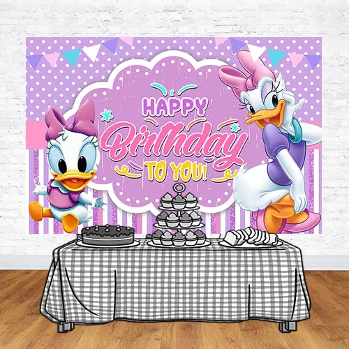 Vista 2 de Telón de fondo de pato con margaritas para fiesta de cumpleaños, fondos de fotos morados, pancarta de baby shower, 59 x 38 pulgadas