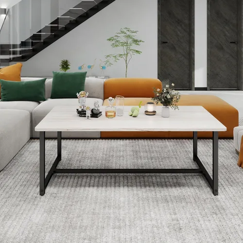 Vista 8 de Mesa de café rectangular de 35.4" para sala de estar, mesa central de estilo industrial moderno con marco de metal para espacios pequeños, Negro