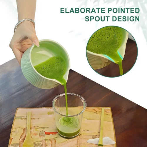Vista 6 de Juego de batidor de matcha, cuenco de matcha con boquilla, soporte para cepillo de té, tamiz de acero inoxidable, soporte para batidor de matcha