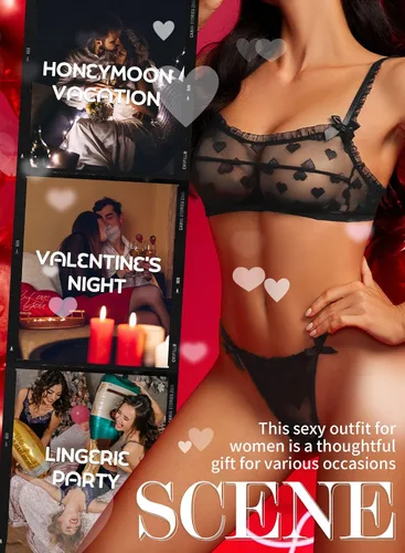 Vista 5 de EVELUST Conjunto de lencería con estampado de corazón para mujer, ropa interior transparente de malla de San Valentín, con volantes, bonito brasier