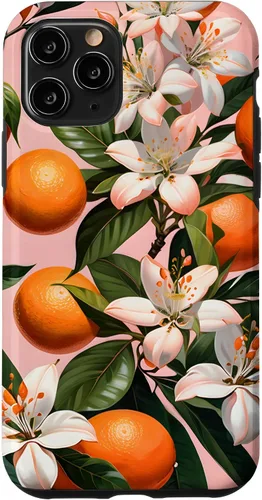 Vista 29 de Carcasa para iPhone 17 con diseño de flores de naranja sobre fondo rosa