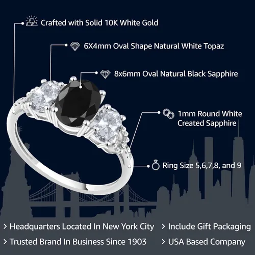 Vista 2 de Anillo de compromiso ovalado de oro blanco de 10 quilates con piedra natal y topacio blanco de 3 piedras con detalles de diamante Centro de 0.315