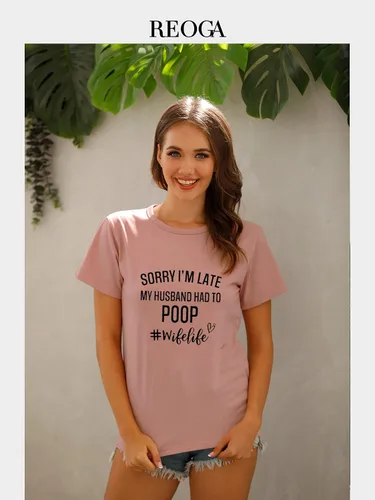 Vista 2 de Camisetas divertidas para mujer con texto en inglés "Sorry Im Late My Husband Had to Poo