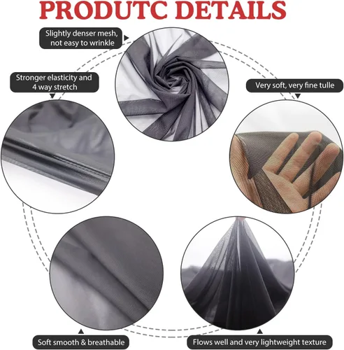 Vista 3 de Tela de malla elástica Power Mesh Superfina de 4 direcciones, nylon y spandex, malla transparente, 1 yarda de largo, 60" de ancho (Negro) Tela