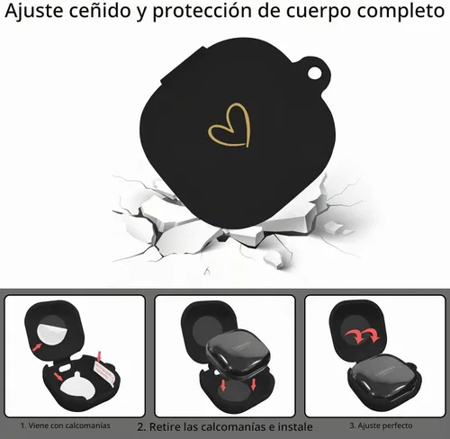 Vista 3 de Compatible con Samsung Galaxy Buds FE/Buds 2 / Buds Pro/Buds Live/Buds 2 Pro, funda de silicona suave con patrón de corazón dorado con bonito Negro