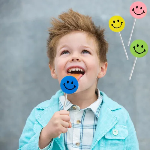 Vista 9 de Paletas surtidas con forma de cara feliz, paleta de remolino arcoíris, sabor a fruta mixta, envueltas individualmente, peso neto. Ventosa de 0.44 oz