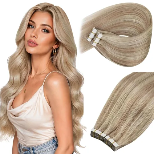 Vista 15 de Ve Sunny Extensiones de cabello humano real con cinta, cabello humano Remy, lacio, doble cara, color marrón oscuro, balayage, rubio dorado oscuro