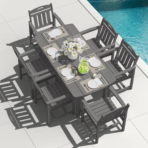 Vista 23 de Mesa de comedor rectangular para exteriores, mesa de polietileno de alta densidad resistente para 6, mesa de patio resistente a la intemperie