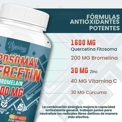 Vista 2 de Fitosoma de quercetina liposomal, quercetina con bromelina, zinc y vitamina C, complejo de fitosomas bioactivos, absorción 20 veces mayor - 60