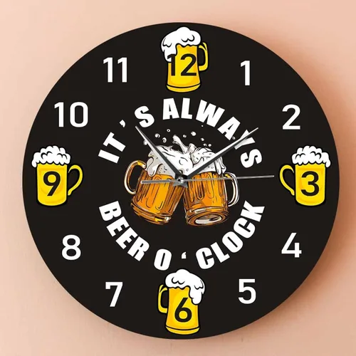 Vista 2 de Reloj de pared de 12 pulgadas con texto en inglés "It's Always Beer O'Clock Drinking Stein", reloj de pared de cuarzo silencioso Mancave Pub Bar