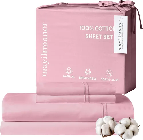 Vista 34 de Sábanas de Cama de Algodón 100% Natural Juego de Sábanas Twin de Tejido Satinado de Una Sola Capa de 500 TC Ropa de Cama Sólida Suave