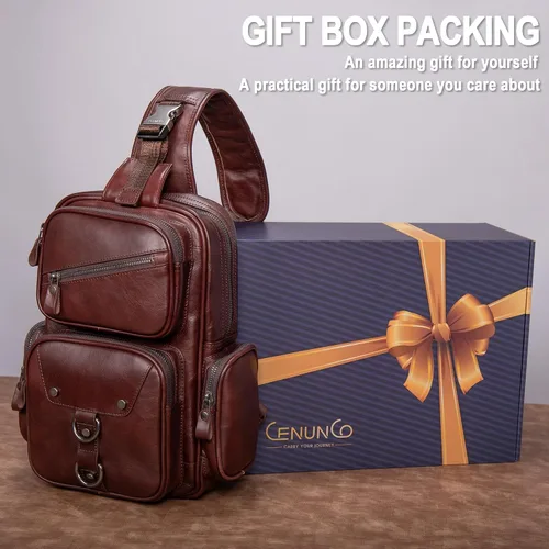 Vista 2 de Bolso bandolera de cuero genuino para hombre, bolso cruzado grande, bolso de hombro casual, mochila antirrobo, bolsa de viaje en el pecho