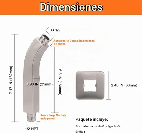 Vista 2 de Brazo de ducha HarJue con brida y cinta de teflón, brazo de extensión de tubo de ducha cuadrado montado en la pared de acero inoxidable 304