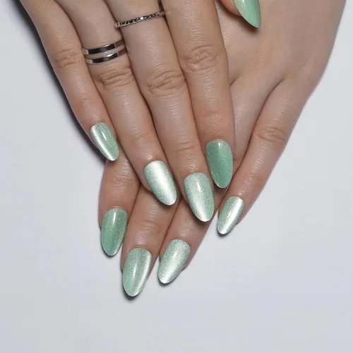 Vista 18 de Uñas postizas rojas de tamaño mediano en forma de almendra, uñas acrílicas brillantes con diseño de purpurina, uñas artificiales de cobertura a001