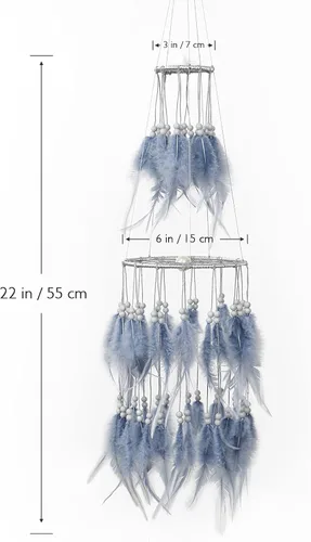 Vista 4 de Dremisland Atrapasueños de Plumas Blancas de Doble Círculo con Luces LED de Hadas Móviles, Adornos Colgantes de Pared, Decoración de Techo