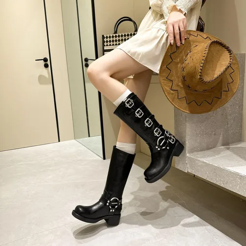 Vista 4 de Vertundy Botas altas hasta la rodilla para mujer, botas de tacón bajo grueso de pantorrilla ancha, botas vaqueras de equitación occidental, botas