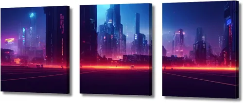 Vista 46 de Cuadros de 3 paneles de Cyberpunk City - Arte de pared de vallas publicitarias de edificios modernos en la capital con obras de arte modernas