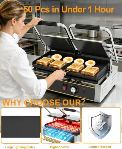 Vista 6 de Panini Press comercial - Parrilla eléctrica Panini de 3600 W, acero inoxidable, controles de temperatura duales, prensa doble sándwich con sartén