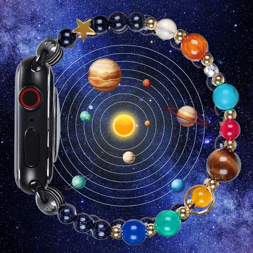 Vista 3 de Correa de pulsera compatible con Apple Watch Series SE 8, 7, 6, 5, 4, 3, 2, 1, bandas de cuentas de estrellas y estrellas de The Eight Planets