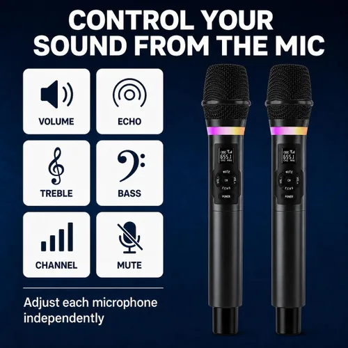 Vista 4 de Micrófonos inalámbricos, sistema de micrófono de karaoke de mano dual de 2.4 GHz con receptor recargable, volumen, eco, agudos, graves y controles
