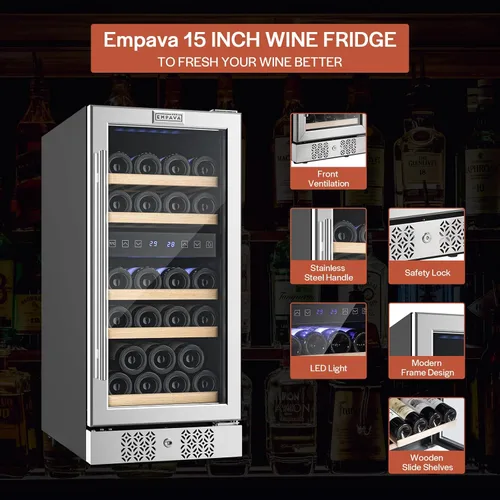 Vista 5 de Empava Enfriador de vino de 15 pulgadas debajo del mostrador, refrigerador de vino de 29 botellas de doble zona, enfriador de vino pequeño