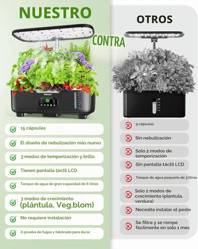 Vista 4 de Kit de sistema de cultivo hidropónico Misting de 15 cápsulas para jardín de hierbas inteligente para interiores con panel táctil LCD de 6 L, tanque