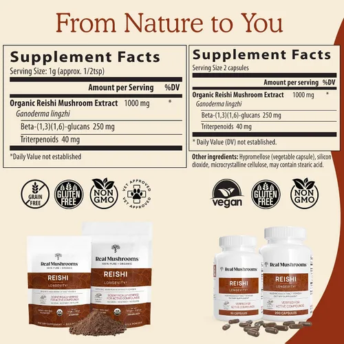 Vista 3 de Real Mushrooms Reishi & Cordyceps para humanos y hongos masticables relajantes para mascotas, paquete para relajación, energía e inmunidad, vegano