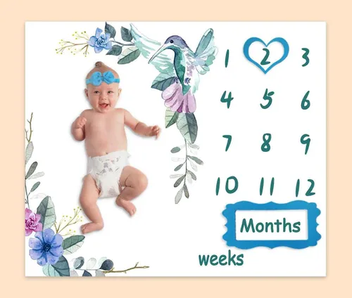 Vista 4 de BTXTPH504 - Manta mensual de hitos para bebé, tabla de crecimiento personalizada de pájaro floral azul, fotos de bebé, 48 x 40 pulgadas, fondo