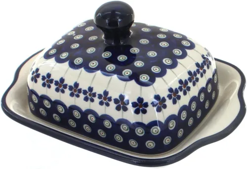 Vista 6 de Blue Rose Polish Pottery – Mantequillera cuadrada de tulipán azul – Se adapta a 1 barra – Mantequera para organización y almacenamiento de encimera