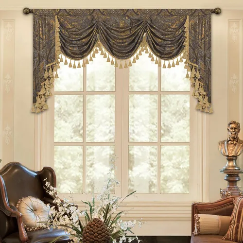 Vista 27 de Loom and Mill Cenefa de cascada de lujo de jacquard para sala de estar, elegantes cenefas de ventana con festones y cuentas damascadas, cortinas
