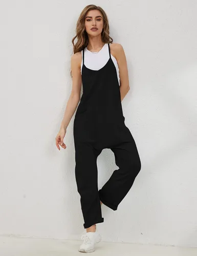 Vista 3 de Lentta Overol casual para mujer, con cuello en V, sin mangas, con tirantes elásticos y ajustables, con bolsillos