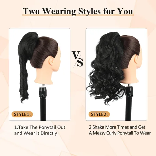 Vista 2 de KRSI Extensión de cola de caballo corta con cordón de 14 pulgadas para mujeres negras, cabello negro rizado, cola de caballo ondulada, piezas