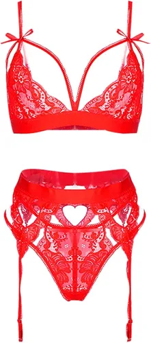 Vista 6 de Disfraces sexys para mujer, travieso, color sólido, lazo de encaje, corazón, hueco, traje de tres piezas, lencería cachonda