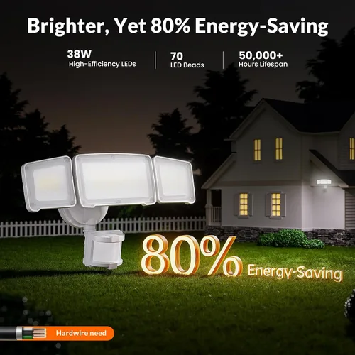 Vista 6 de LEPOWER Luces LED de seguridad con sensor de movimiento al aire libre, 38W 4200 lm, 5500K, resistencia al agua IP65, 3 cabezales detectados, luz