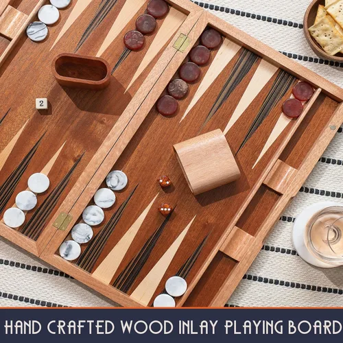 Vista 9 de Pointworks Juegos de backgammon de 17 pulgadas para adultos. Hermoso juego de mesa de backgammon con incrustaciones de madera con damas y dados